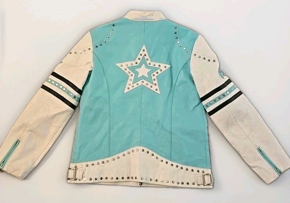 Wilsons Leather Studded Star Moto Jacket Kids XL Womens XS Seafoam Y2K